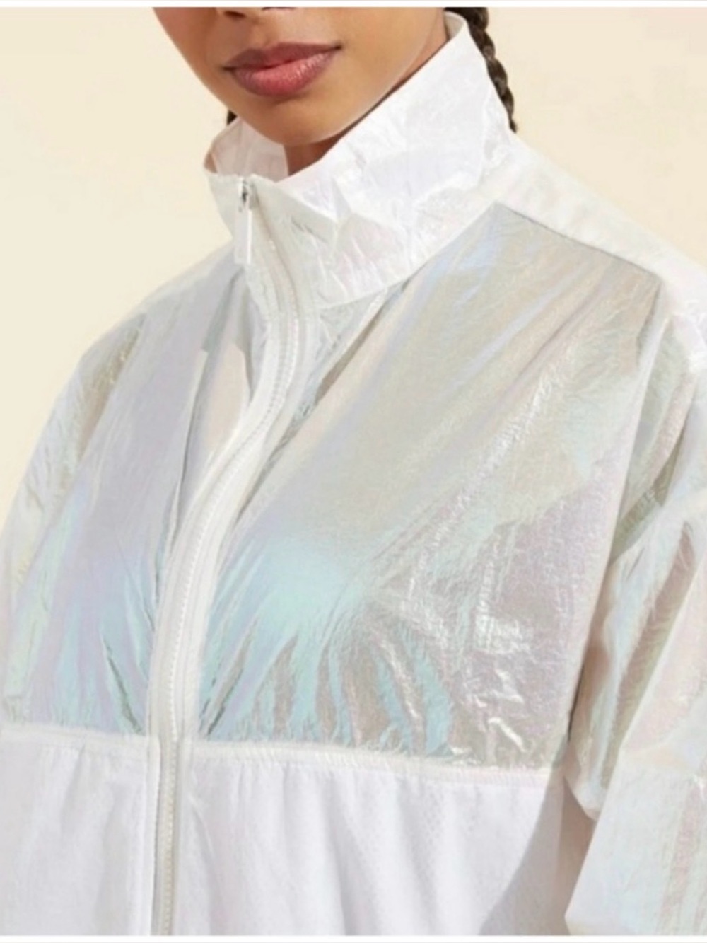 Iridescent White High-Neck Windbreaker Jacket - Women's